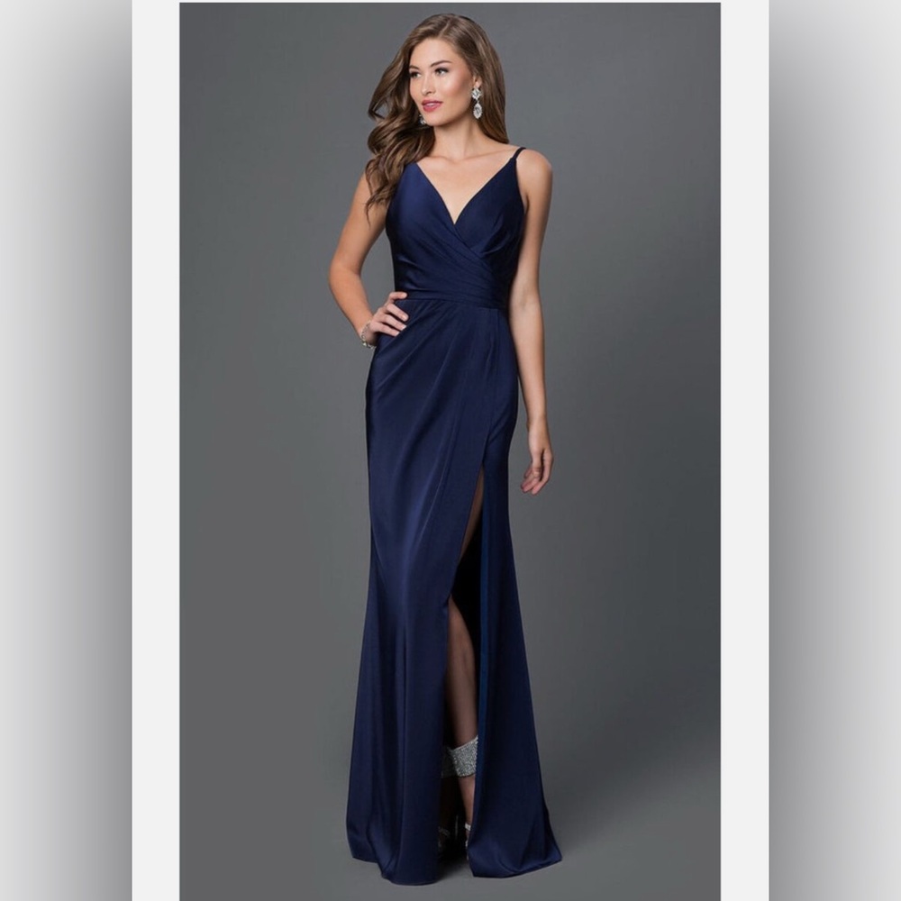 Navy Faviana V-Neck Ruched Open-Back Floor Length Dress Size 4